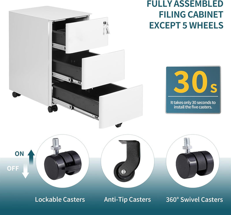 3-Drawer Metal Filing Cabinet on Wheels Fully Assembled