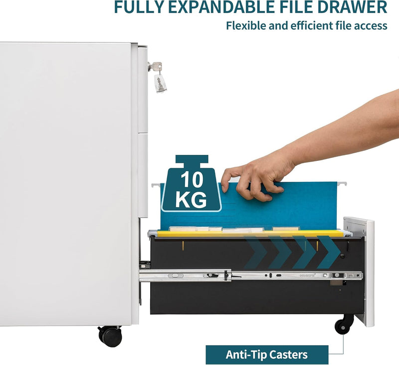 3-Drawer Metal Filing Cabinet on Wheels Fully Assembled