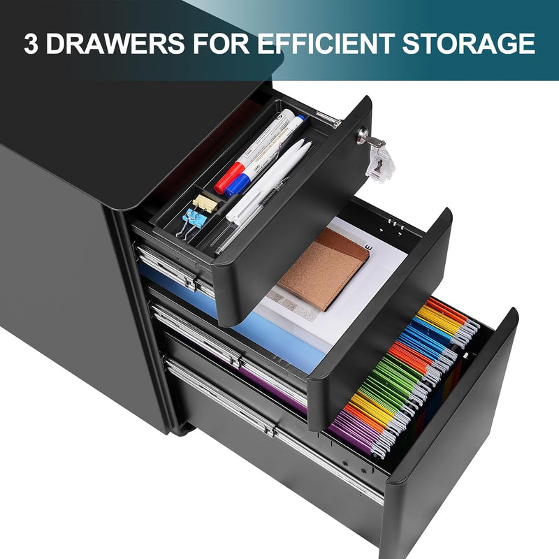 3-Drawer Metal Filing Cabinet on Wheels Fully Assembled