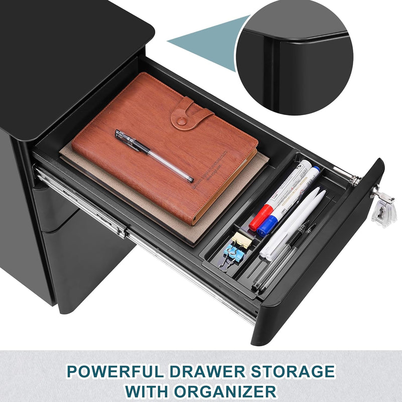 3-Drawer Metal Filing Cabinet on Wheels Fully Assembled