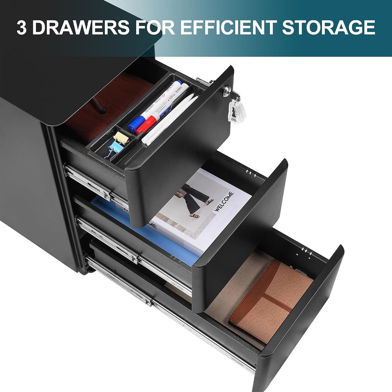 3-Drawer Metal Filing Cabinet on Wheels Fully Assembled