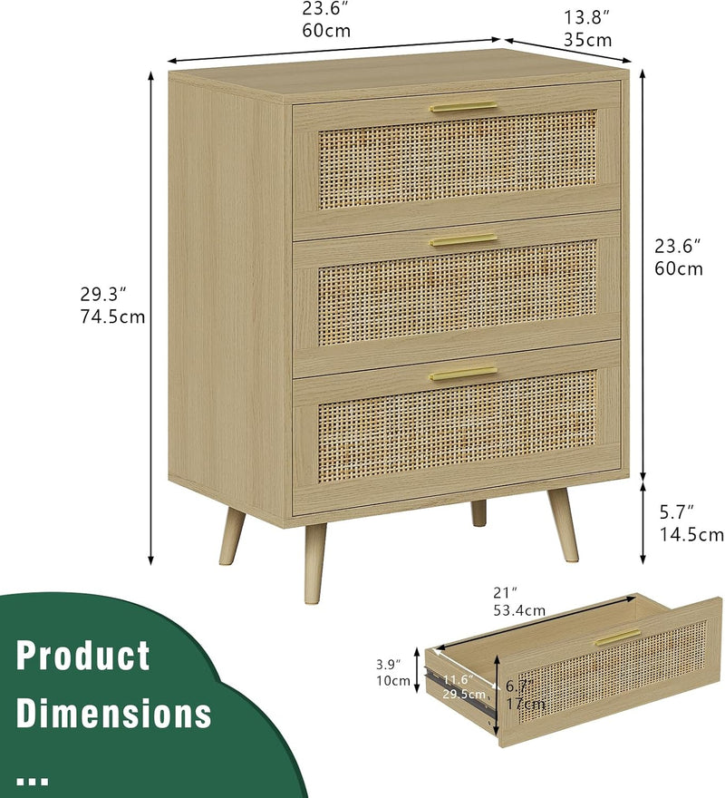 3 Drawer Rattan Dresser for Bedroom Boho Beside