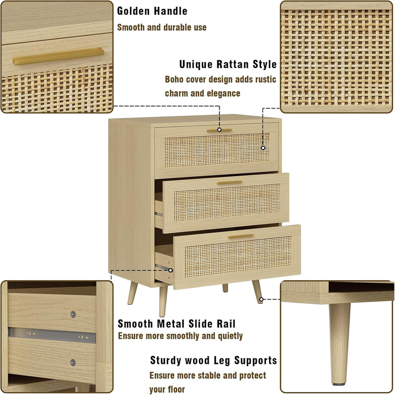 3 Drawer Rattan Dresser for Bedroom Boho Beside