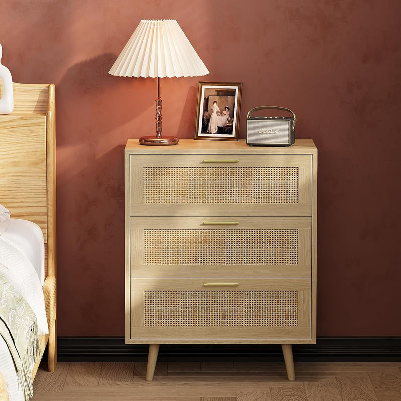 3 Drawer Rattan Dresser for Bedroom Boho Beside