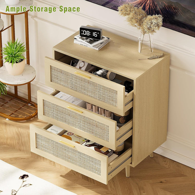 3 Drawer Rattan Dresser for Bedroom Boho Beside