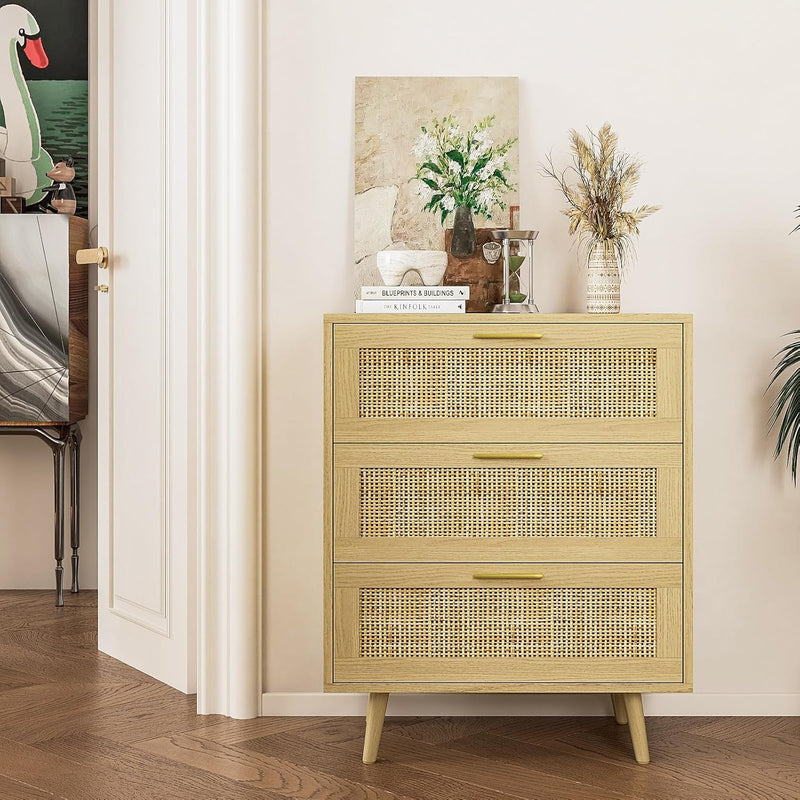3 Drawer Rattan Dresser for Bedroom Boho Beside