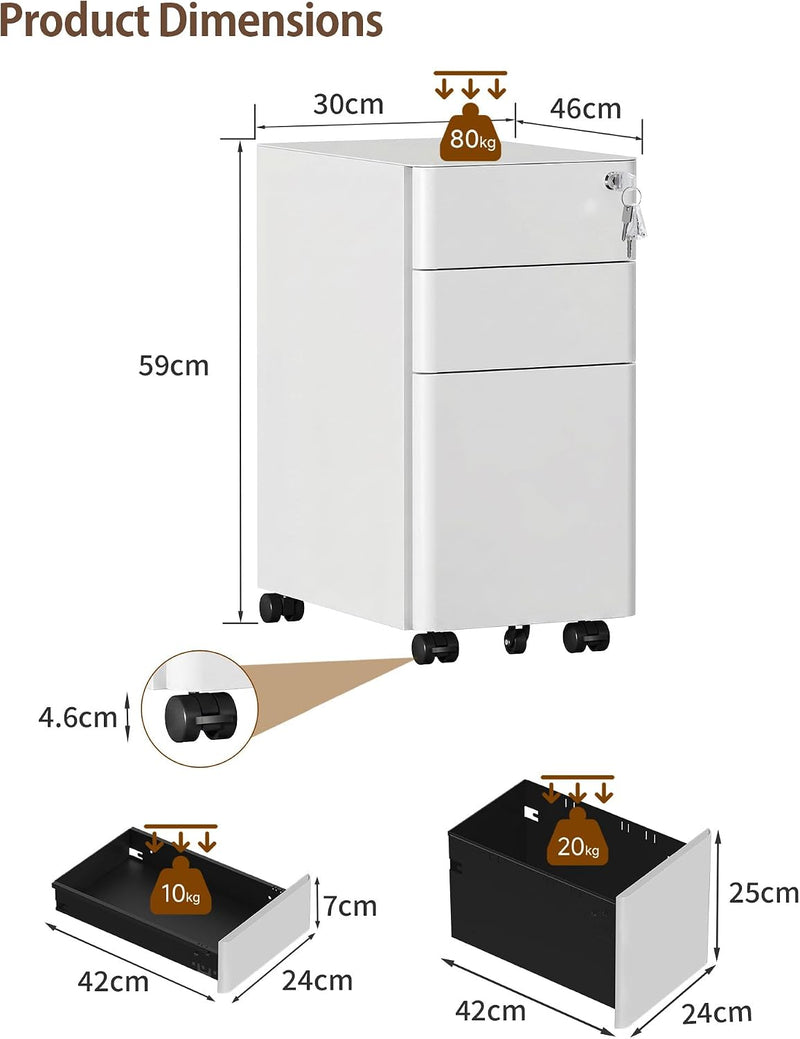 3 Drawers File Cabinet Mobile Filing with Lock