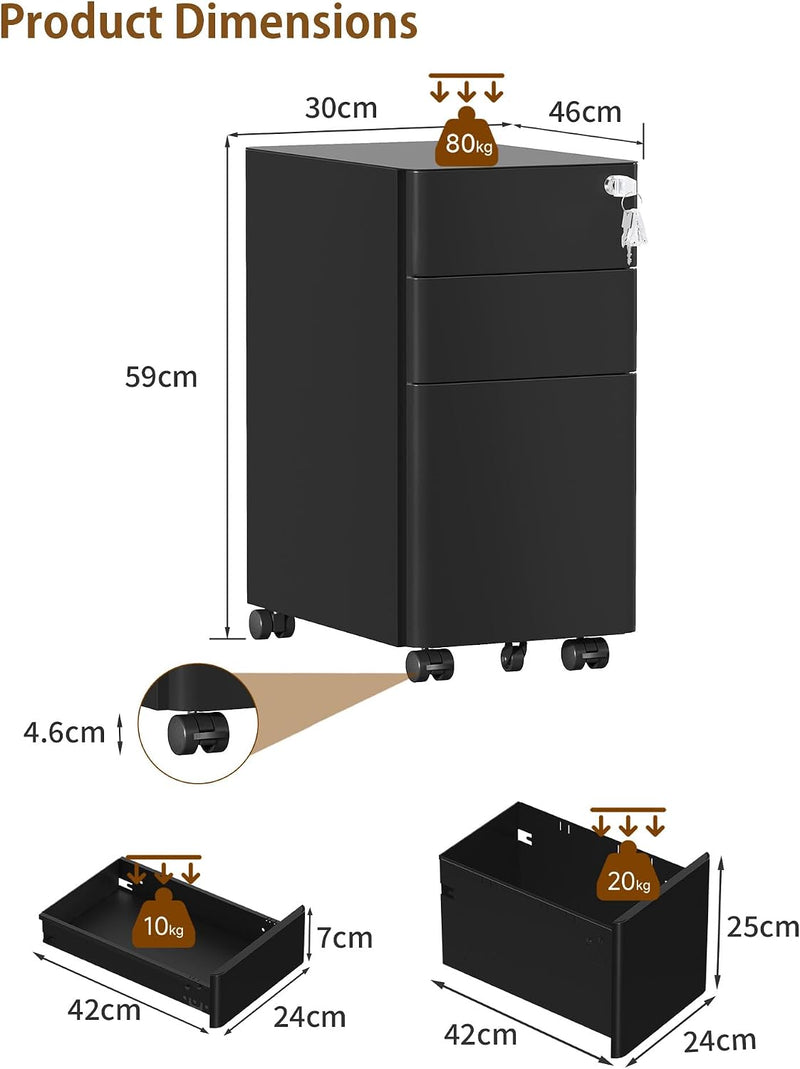 3 Drawers File Cabinet Mobile Filing with Lock