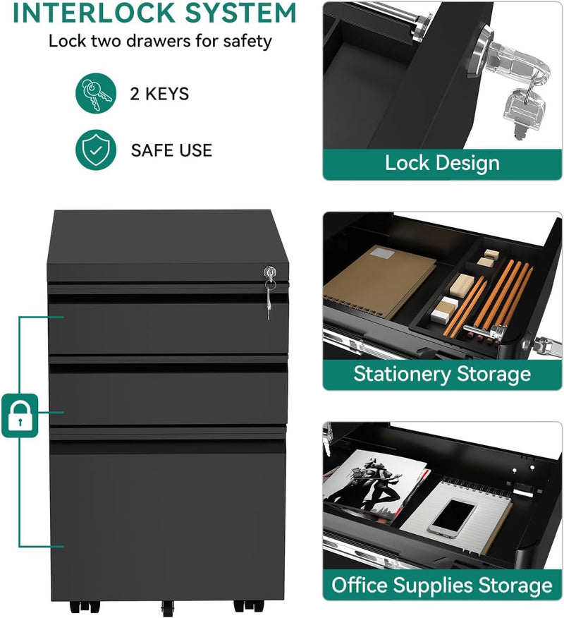 3-Drawers Lockable File Cabinet for Letter Legal A4