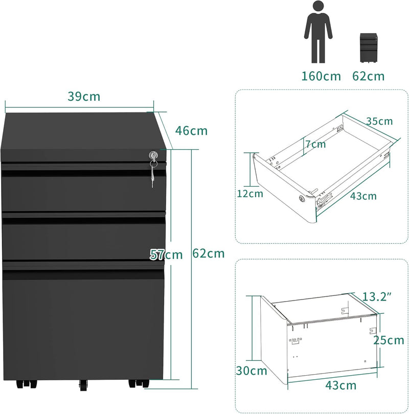 3-Drawers Lockable File Cabinet for Letter Legal A4