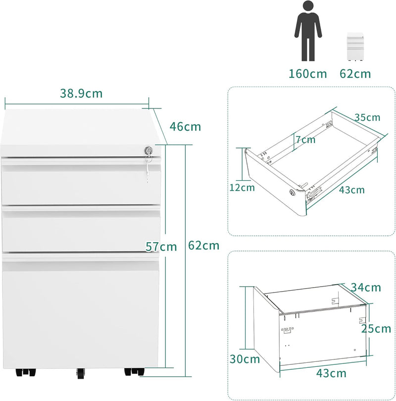 3-Drawers Lockable File Cabinet for Letter Legal A4