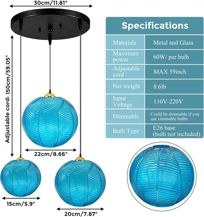 3 in 1 Large Glass Pendant Light Fixtures