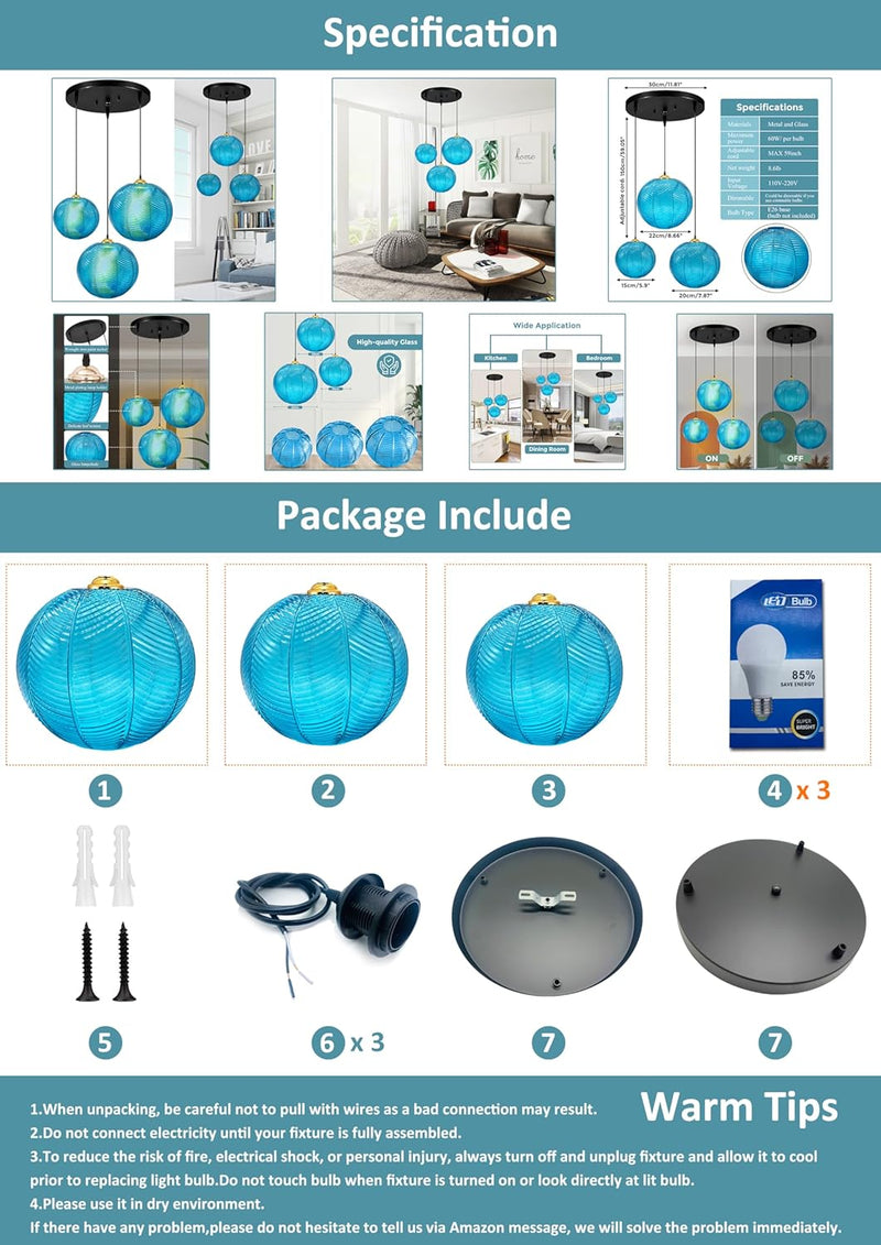 3 in 1 Large Glass Pendant Light Fixtures