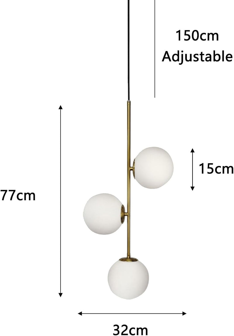 3-Light Globe Glass Pendant Light Ball Brass Matel