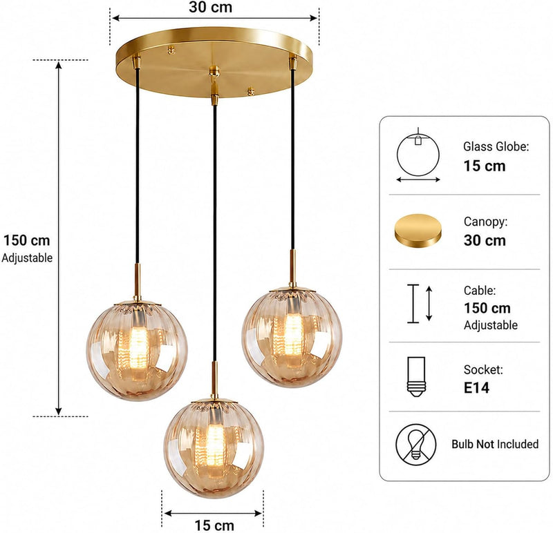 3 Lights Pendant Lighting Fixture with 15CM Glass
