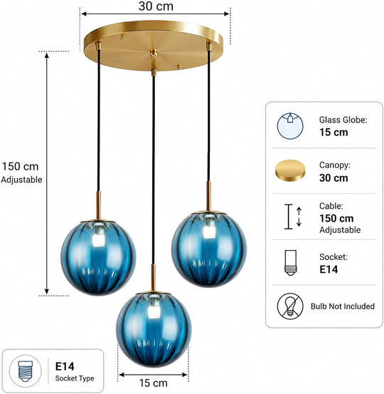 3 Lights Pendant Lighting Fixture with 15CM Glass