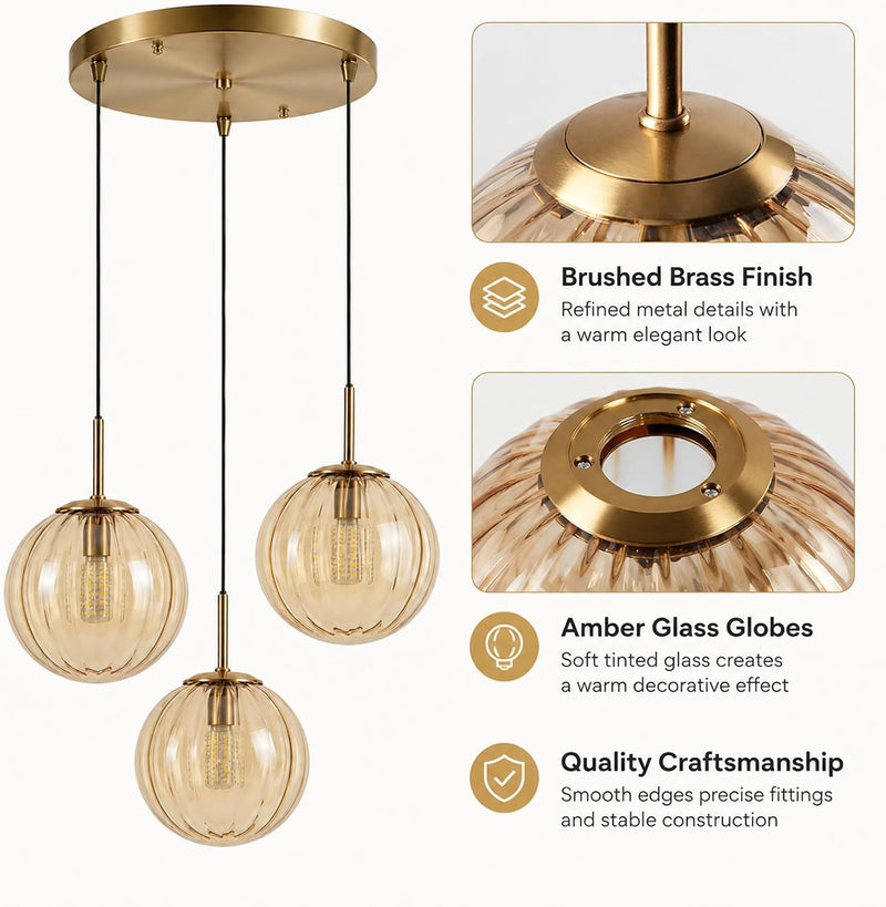 3 Lights Pendant Lighting Fixture with 15CM Glass