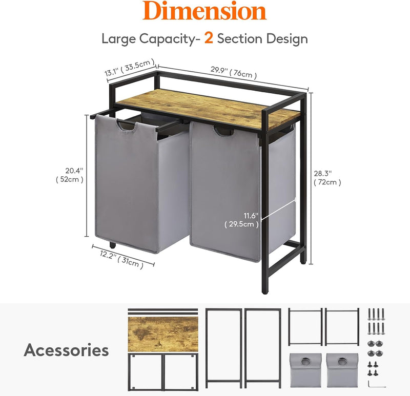 3 Sections Laundry Hamper 120L Basket with Shelf