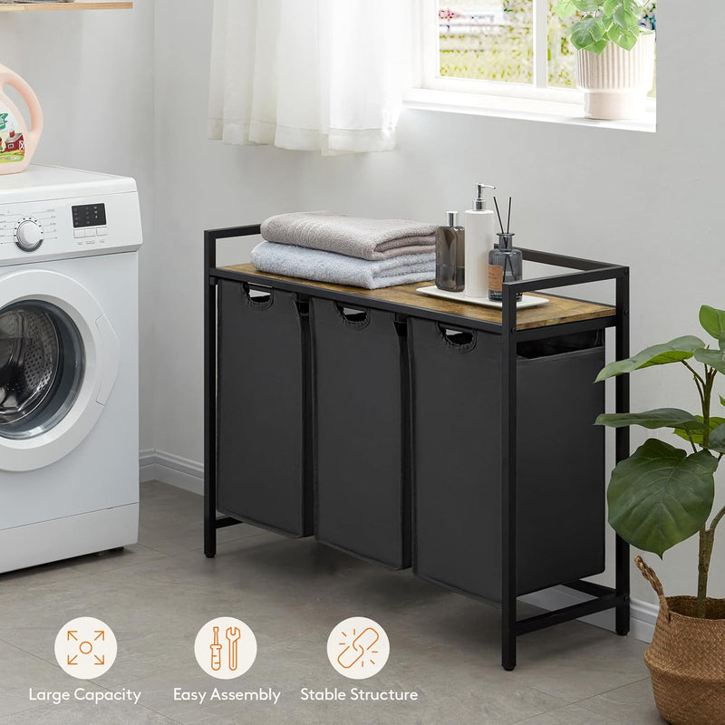 3 Sections Laundry Hamper 120L Basket with Shelf
