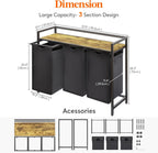 3 Sections Laundry Hamper 120L Basket with Shelf
