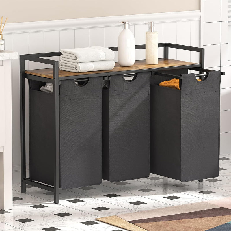 3 Sections Laundry Hamper 120L Basket with Shelf