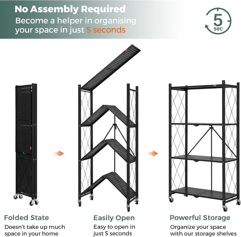 3-Shelf Foldable Storage Shelves with Wheels Large Capacity