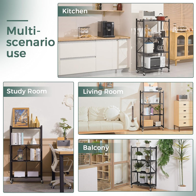 3-Shelf Foldable Storage Shelves with Wheels Large Capacity