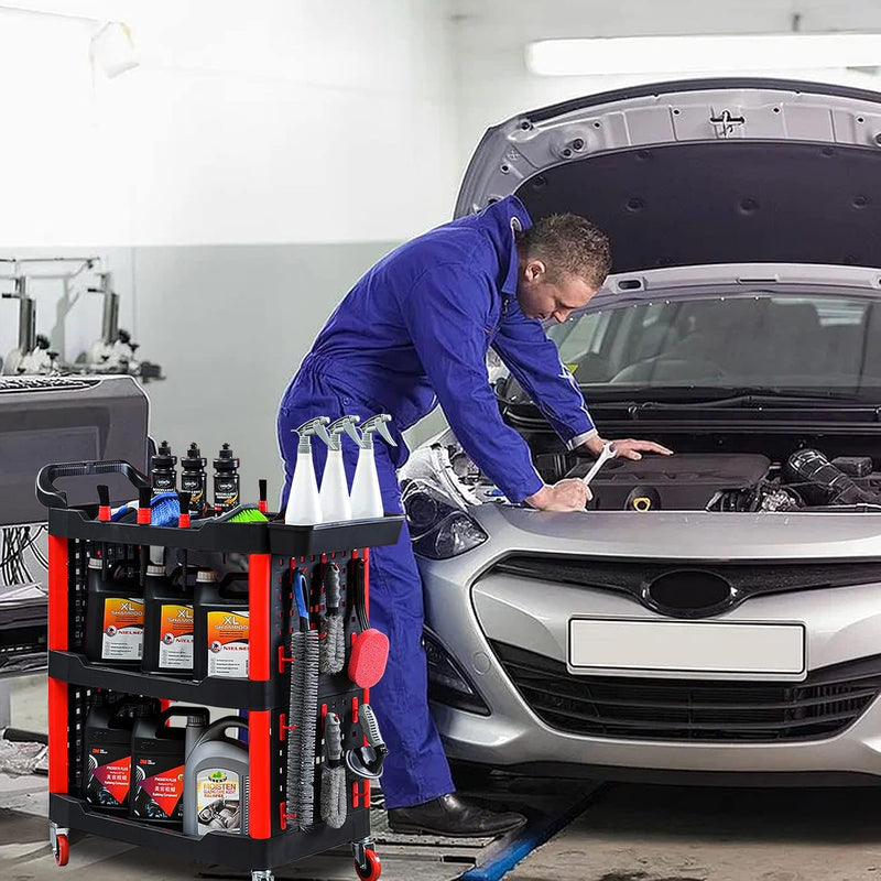 3-Tier Car Detailing Trolley with Wheels 90KG Capacity