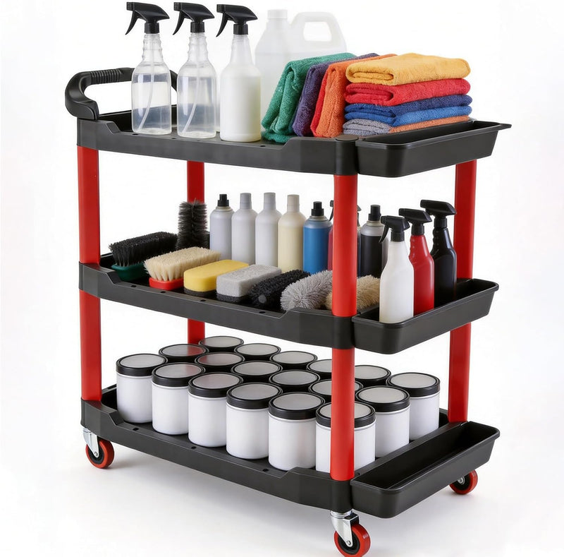 3-Tier Car Detailing Trolley with Wheels 90KG Capacity