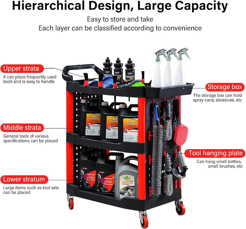 3-Tier Car Detailing Trolley with Wheels 90KG Capacity
