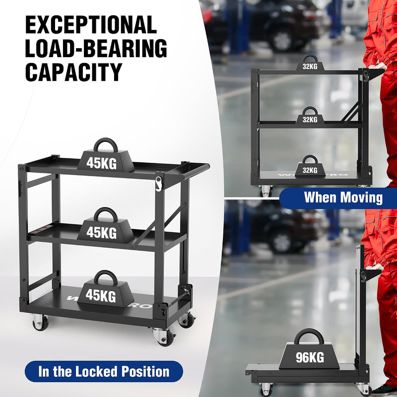 3-Tier Collapsible Service Cart with Wheels 96KG