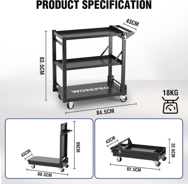 3-Tier Collapsible Service Cart with Wheels 96KG