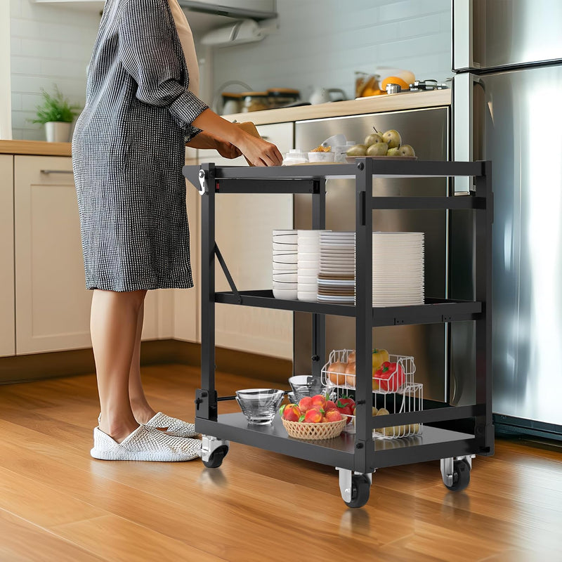 3-Tier Collapsible Service Cart with Wheels 96KG