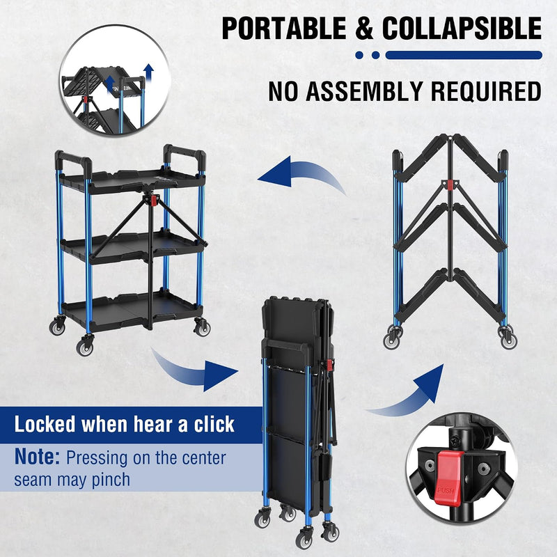 3-Tier Collapsible Service Cart with Wheels 96KG