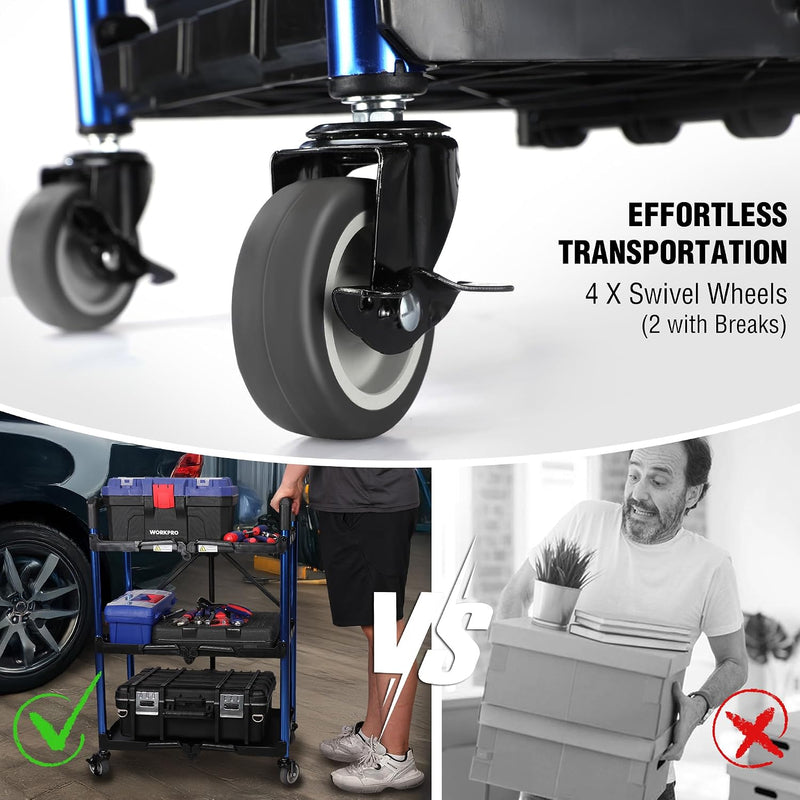 3-Tier Collapsible Service Cart with Wheels 96KG