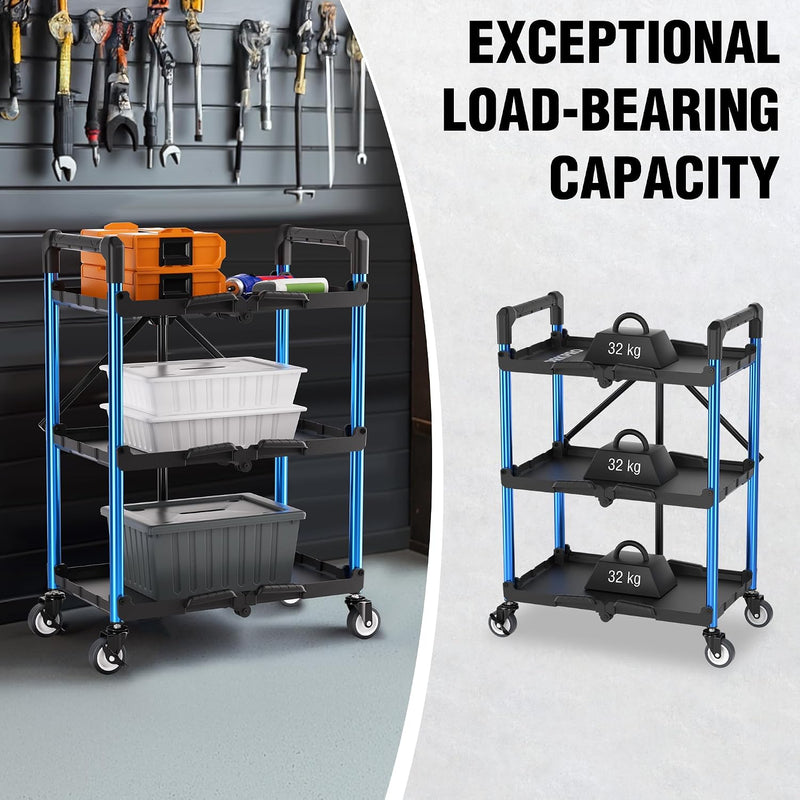 3-Tier Collapsible Service Cart with Wheels 96KG
