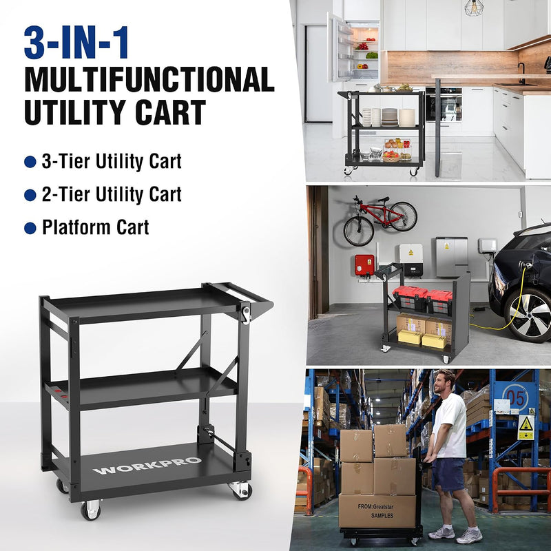 3-Tier Collapsible Service Cart with Wheels 96KG