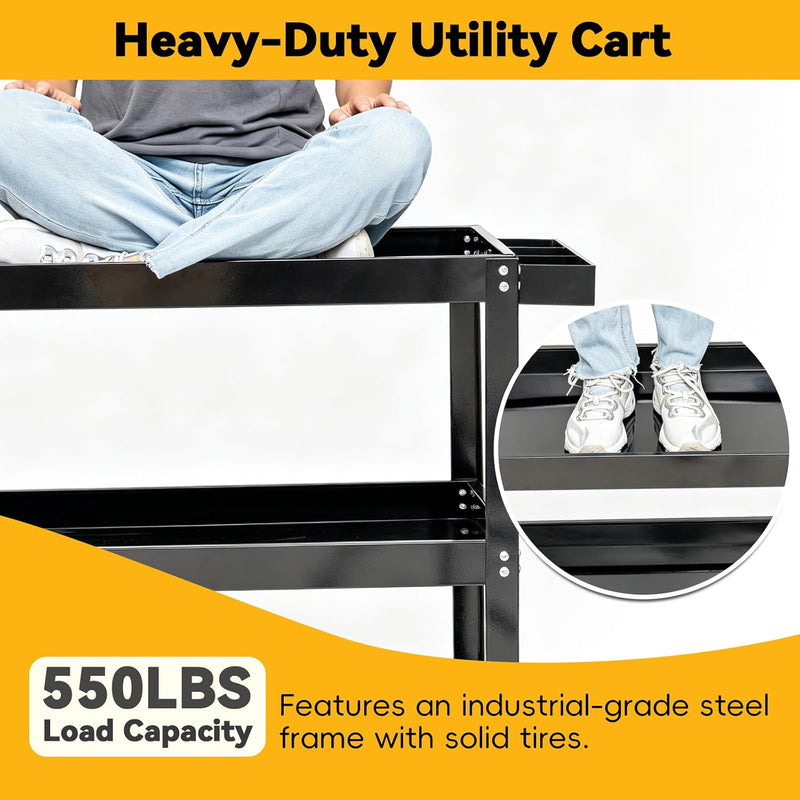 3-Tier Extra-Large Heavy-Duty Rolling Tool Cart 550lbs Utility