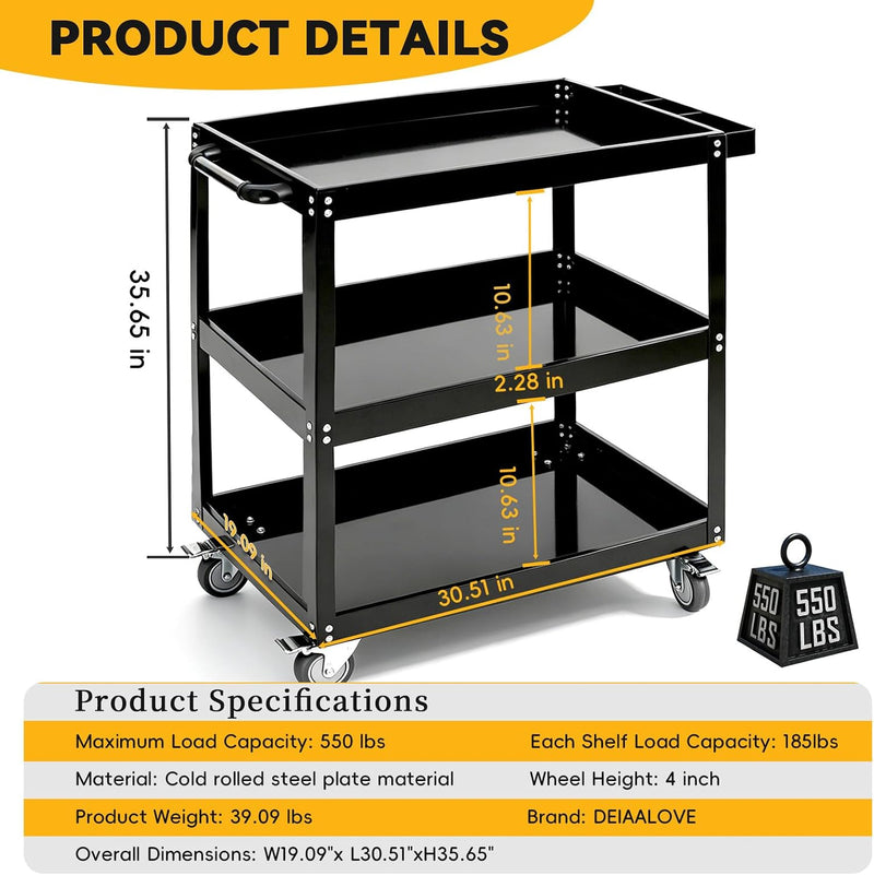 3-Tier Extra-Large Heavy-Duty Rolling Tool Cart 550lbs Utility