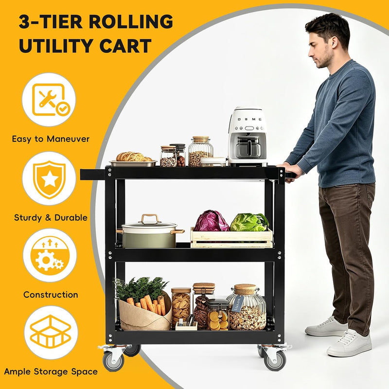 3-Tier Extra-Large Heavy-Duty Rolling Tool Cart 550lbs Utility