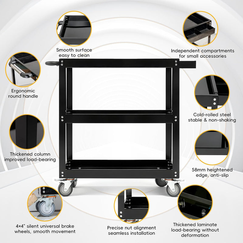 3-Tier Extra-Large Heavy-Duty Rolling Tool Cart 550lbs Utility