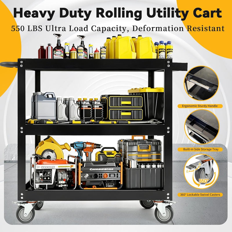 3-Tier Extra-Large Heavy-Duty Rolling Tool Cart 550lbs Utility