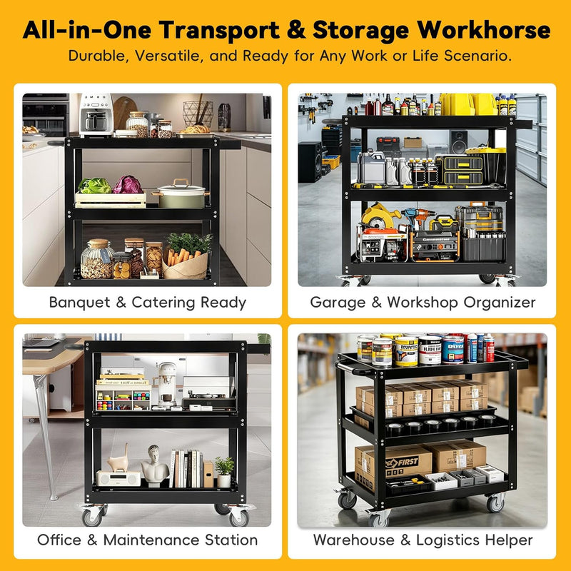 3-Tier Extra-Large Heavy-Duty Rolling Tool Cart 550lbs Utility