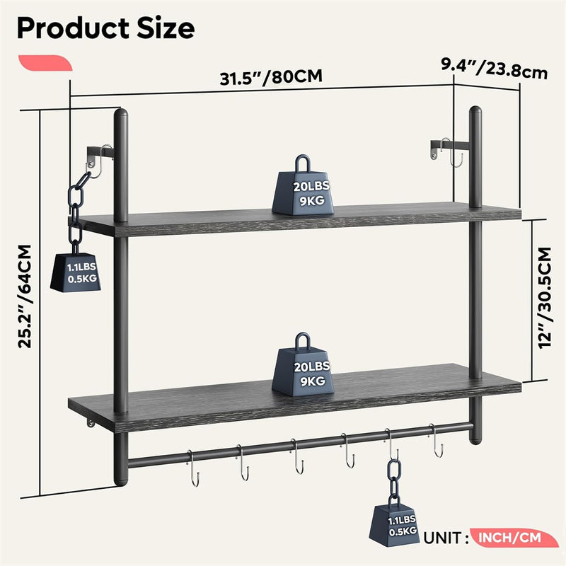 3 Tier Floating Pipe Shelving Industrial Wall