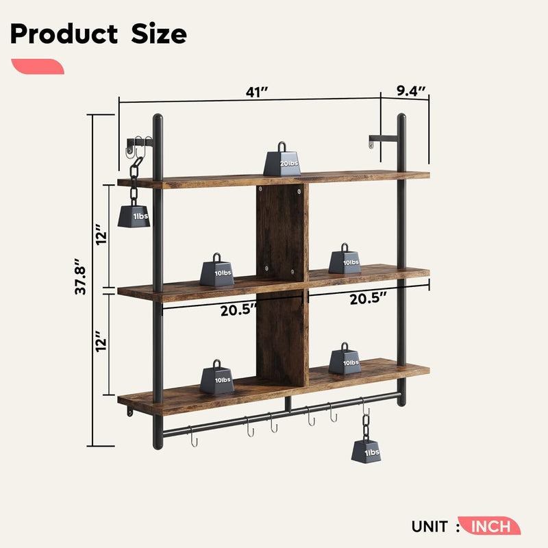 3 Tier Floating Pipe Shelving Industrial Wall