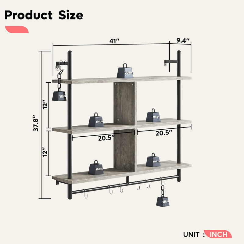 3 Tier Floating Pipe Shelving Industrial Wall