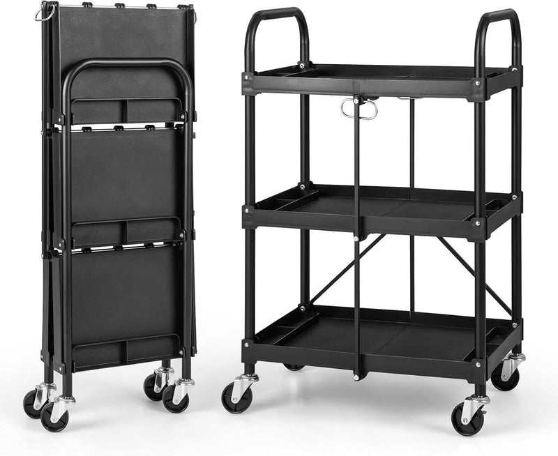 3-Tier Folding Tool Trolley Metal Frame Service Cart