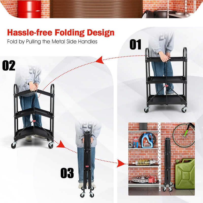 3-Tier Folding Tool Trolley Metal Frame Service Cart