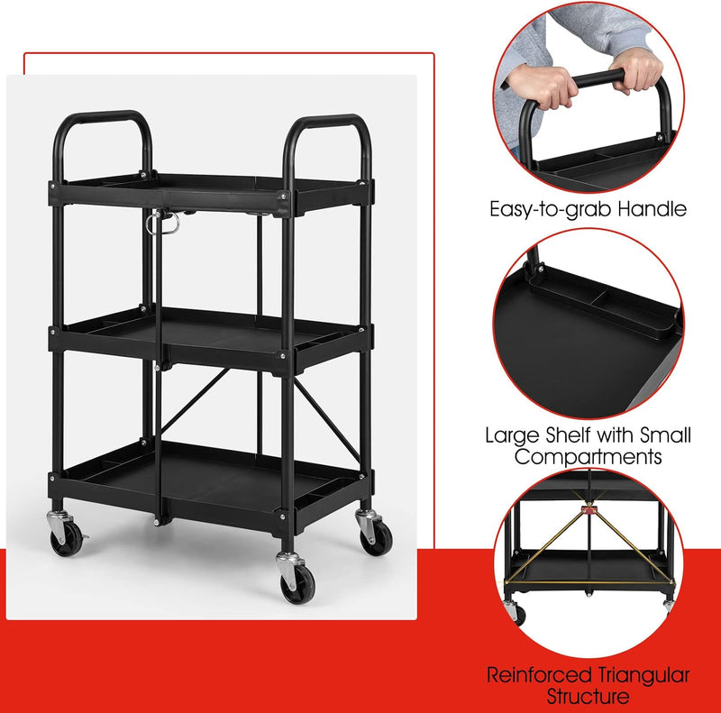 3-Tier Folding Tool Trolley Metal Frame Service Cart