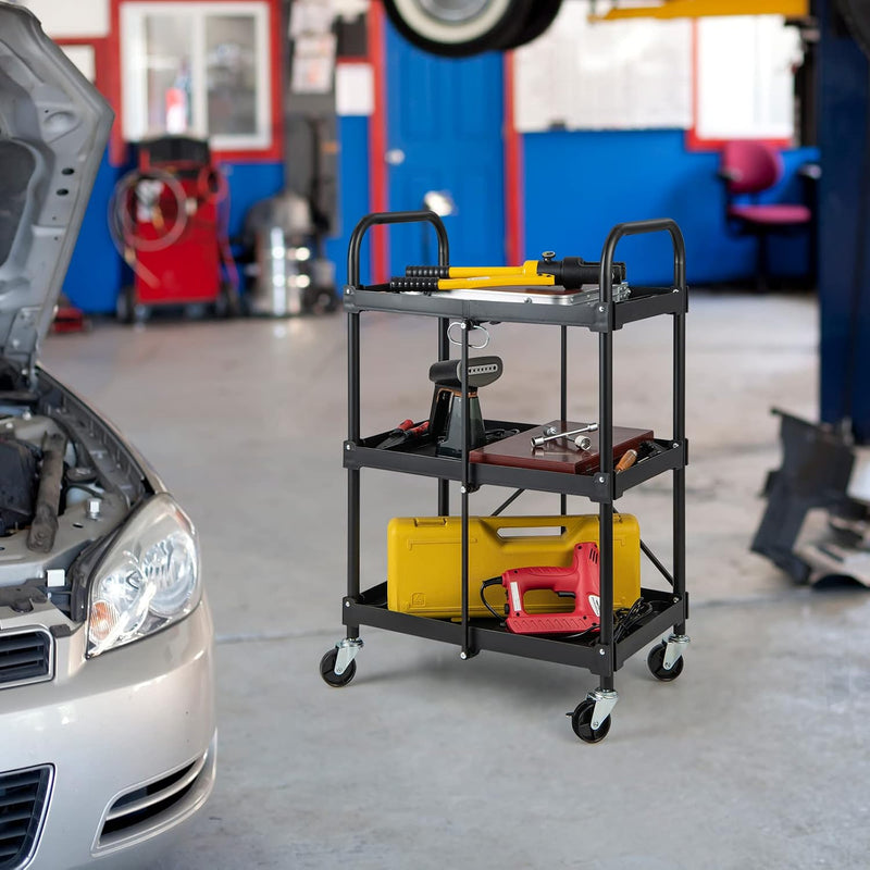 3-Tier Folding Tool Trolley Metal Frame Service Cart